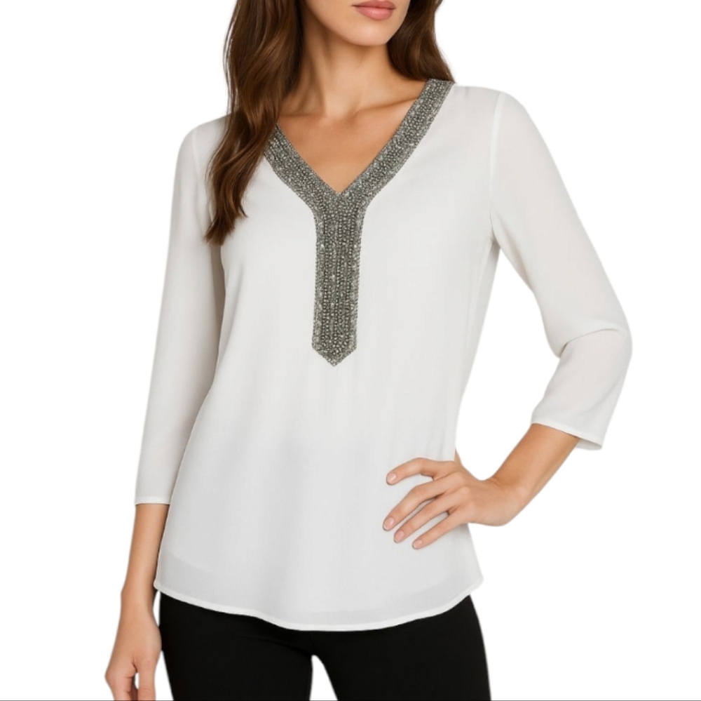 Frank Lyman Design White V-Neck Embellished Women's Top